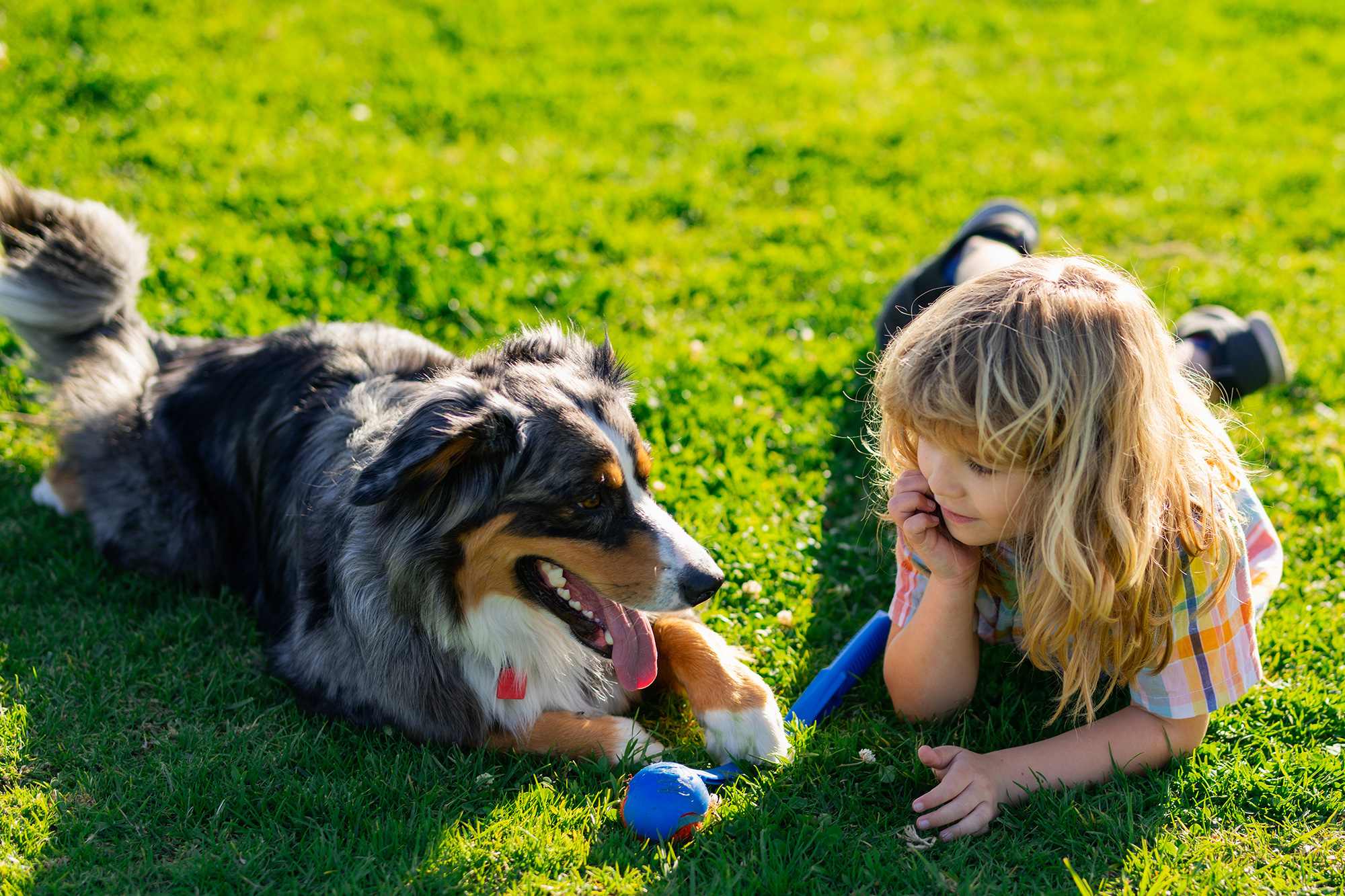 A happy dog and a kid laying next to each other in the grass.